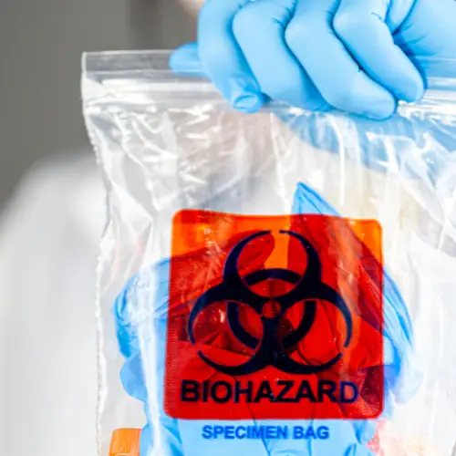 A Biohazard specimen bag delivered by Fort Worth Couriers